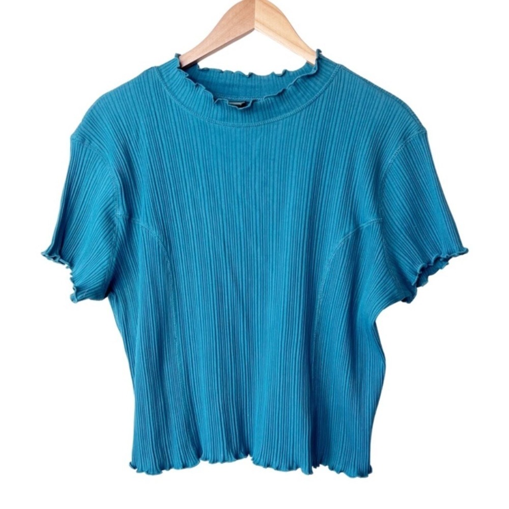 Wild Fable Womens Teal Blue Ribbed Lettuce Hem Mock Neck Short Sleeve Top XXL - Picture 2 of 8